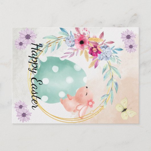 Frohe Ostern- Hase sitzt au einem Ei Aankondigingskaart (Voorkant)