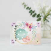 Frohe Ostern- Hase sitzt au einem Ei Aankondigingskaart (Staand voorkant)