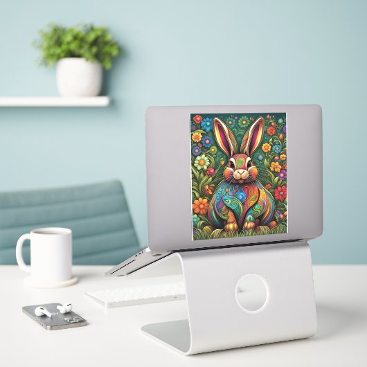 Frohe Ostern - Osterhase in Blumen 2 Sticker (Laptop op bureau)