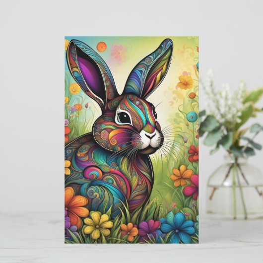 Frohe Ostern - Osterhase in Blumen Briefpapier (Staand voorkant)