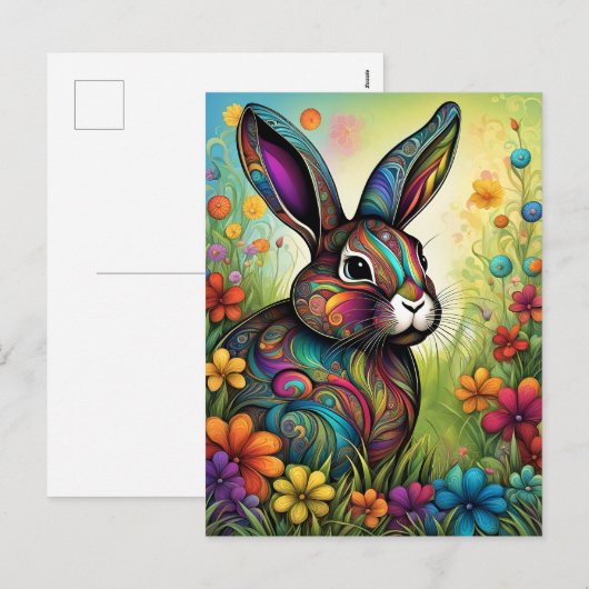 Frohe Ostern - Osterhase in Blumen Feestdagenkaart (Voorkant / Achterkant)