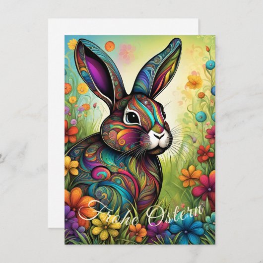 Frohe Ostern - Osterhase in Blumen Kaart (Voorkant / Achterkant)