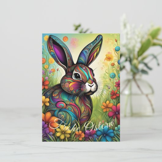 Frohe Ostern - Osterhase in Blumen Kaart (Staand voorkant)