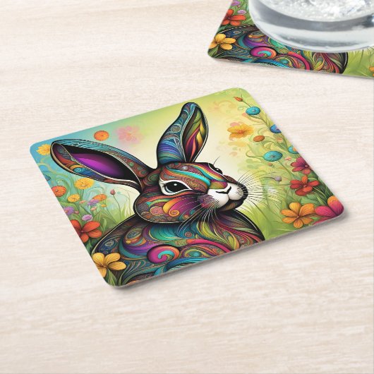 Frohe Ostern - Osterhase in Blumen Kartonnen Onderzetters (Schuin)