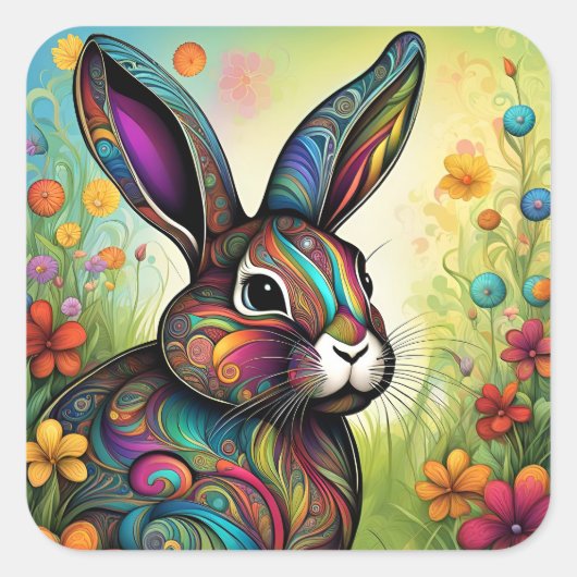 Frohe Ostern - Osterhase in Blumen Vierkante Sticker (Voorkant)