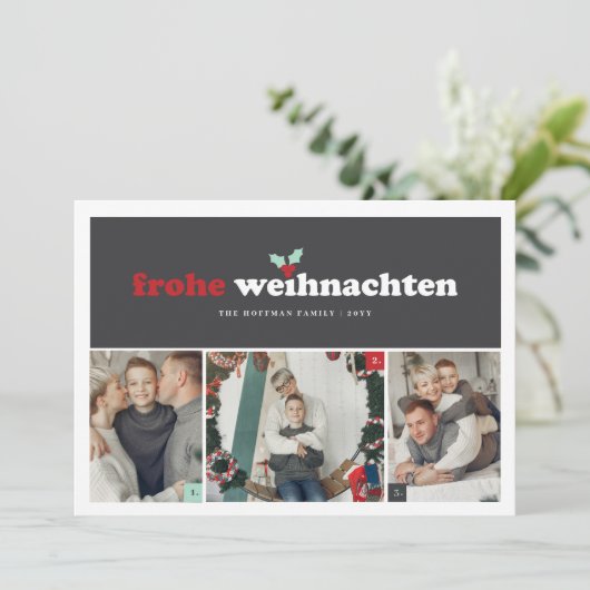 'Frohe Weihnachten' Duits Vrolijk Kerstfeest 3 Fot Feestdagenkaart (Staand voorkant)