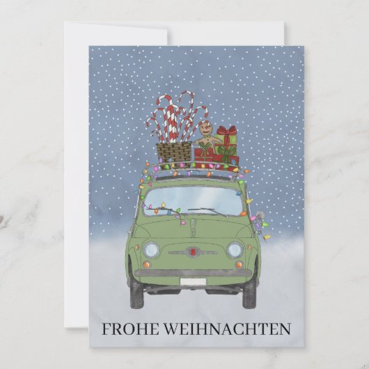 Frohe Weihnachten Duitse Kerst Groene Fiat 500 Feestdagenkaart (Voorkant)