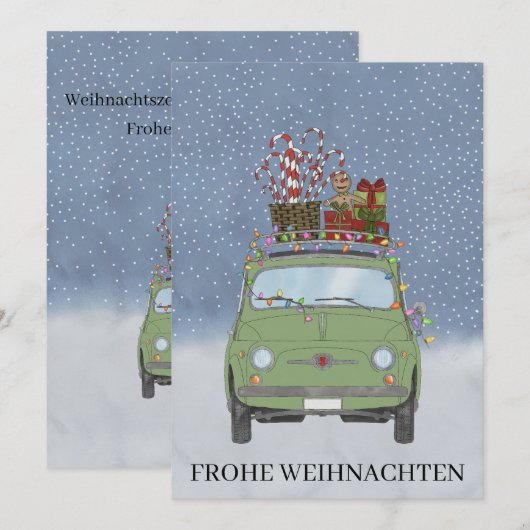 Frohe Weihnachten Duitse Kerst Groene Fiat 500 Feestdagenkaart (Voorkant / Achterkant)