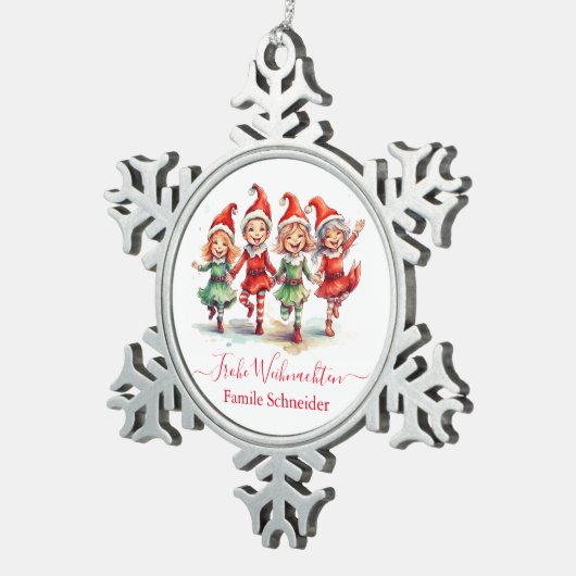 Frohe Weihnachten Duitse kerstelfen Tin Sneeuwvlok Ornament (Rechts)