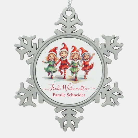 Frohe Weihnachten Duitse kerstelfen Tin Sneeuwvlok Ornament (Voorkant)