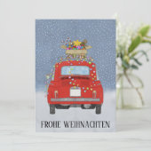 Frohe Weihnachten Duitse Kerstmis Rode Fiat 500 Feestdagenkaart (Staand voorkant)