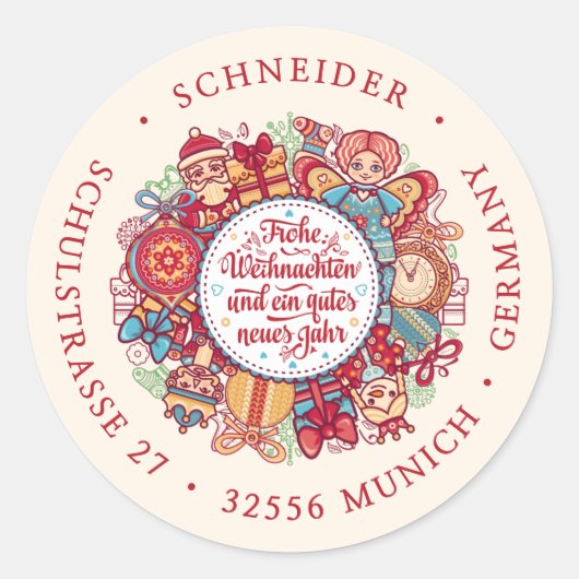 Frohe Weihnachten krans Duits rood retouradres Ronde Sticker (Voorkant)