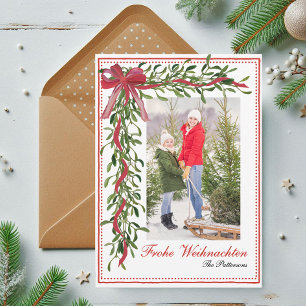 Frohe Weihnachten Mistletoe Red Bow Familiefoto Feestdagenkaart