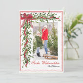 Frohe Weihnachten Mistletoe Red Bow Familiefoto Feestdagenkaart (Staand voorkant)