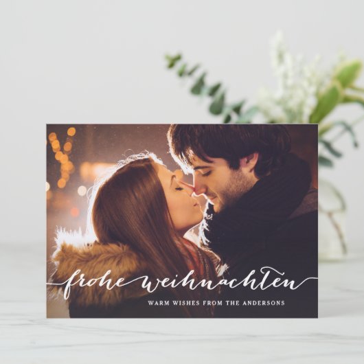 Frohe Weihnachten Rustiek Script Kerstfoto Feestdagenkaart (Staand voorkant)
