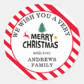 "Frohe Weihnachten" Stripes-Deer-Tree-Star Ronde Sticker (Voorkant)