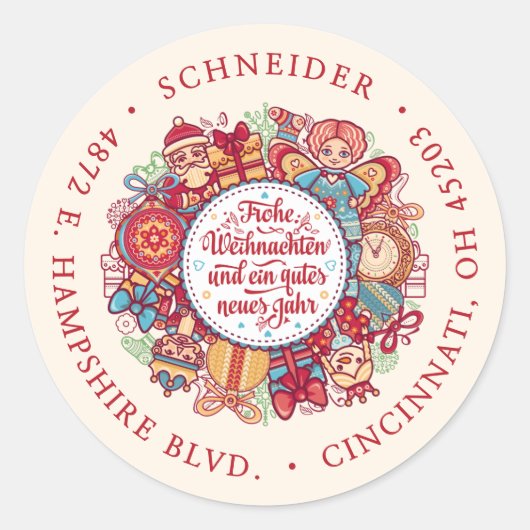 Frohe Weihnachten Wreath USA Rood Retouradres Ronde Sticker (Voorkant)