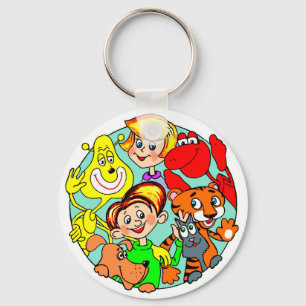 Fröhliche Gruppe von Kindern und Tieren Sleutelhanger