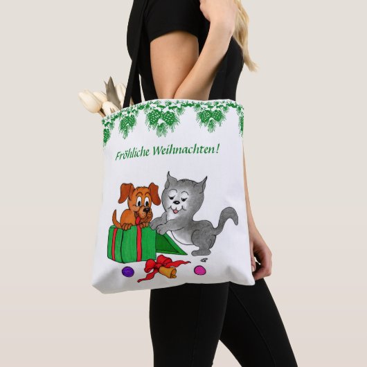 Fröhliche Weihnachten, Hund und Katze auf Deutsch Tote Bag (Dichtbij)