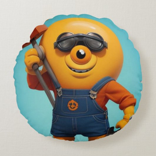 Fröhlicher Baumeister – Gelber Held mit Hammer Rond Kussen (Voorkant)