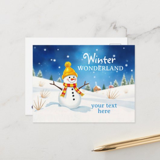 Fröhlicher Schneemann - Abendstimmung im Schnee | Briefkaart (Voorkant / Achterkant in situ)