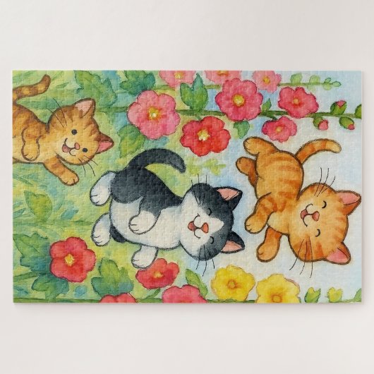 Frolicking Country Cats in de bloementuin Legpuzzel (Horizontaal)