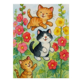 Frolicking Country Cats in de bloementuin Perfect Poster