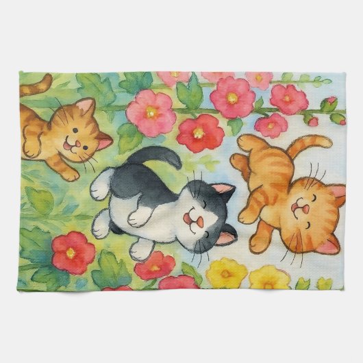 Frolicking Country Cats in de bloementuin Theedoek (Horizontaal)