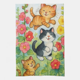 Frolicking Country Cats in de bloementuin Theedoek
