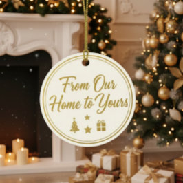 From Our Home to Yours" Festive Gold Gift Tag Desi Ronde Sticker