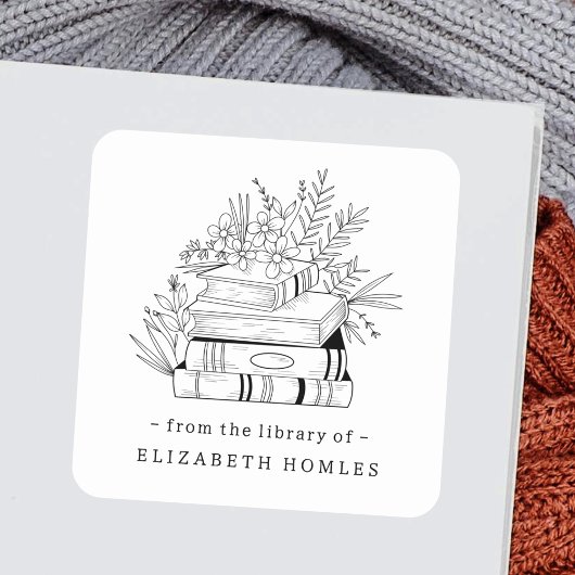 From the Library of Custom Name Books and Flower Vierkante Sticker