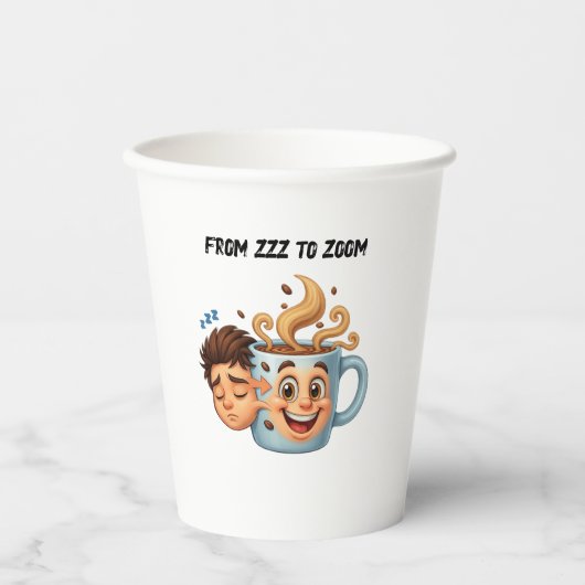 From Zzz to Zoom" T-Shirt - Coffee Mug Face Papieren Bekers (Voorkant)