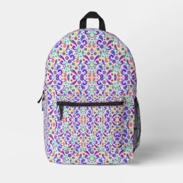 Front and back view of a backpack with a colorful bedrukte rugzak