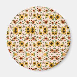 Front of a round button with a colorful floral  magneet
