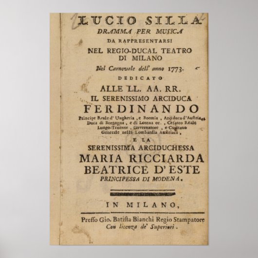 Frontispiece van de "Lucio Silla" van Mozart Poster (Voorkant)