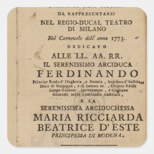 Frontispiece van de "Lucio Silla" van Mozart Vierkante Sticker (Voorkant)