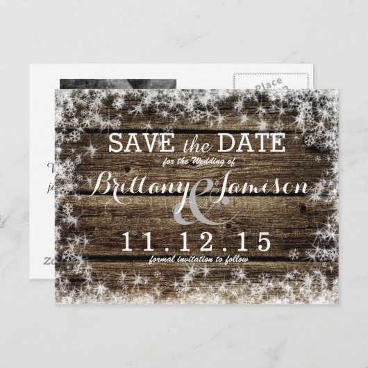 Frost Bite Barn Wood Rustieke Winter Save the Date Aankondigingskaart (Voorkant / Achterkant)