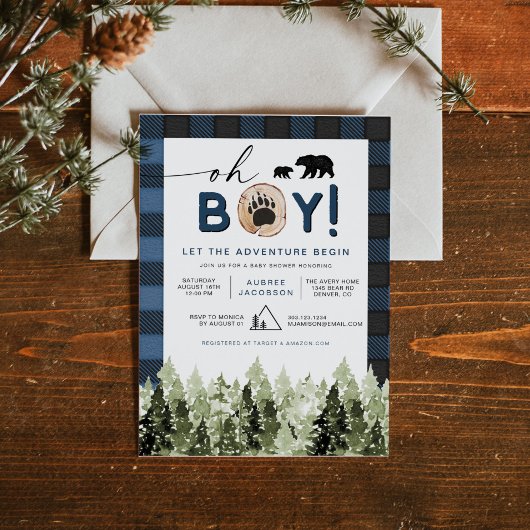 FROST Blue Flannel Pine Lumberjack Boy Baby shower Kaart