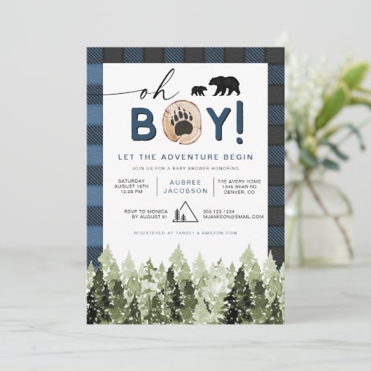 FROST Blue Flannel Pine Lumberjack Boy Baby shower Kaart (Staand voorkant)