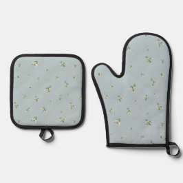 Frost Blue Japanese Snowdrop Floral Pattern Ovenwant & Pannenlap Set