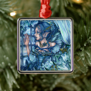 Frost Fairy Meisje's Uitzicht van een Sapphire Win Metalen Ornament