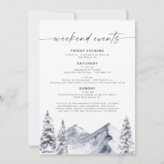 FROST Mountain Ski Cabin Bachelorette Itinerary Kaart (Achterkant)