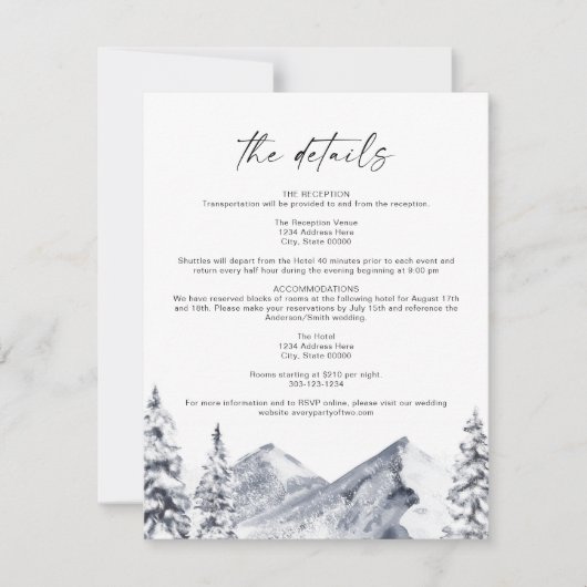 FROST Mountain Ski Winter Wedding Details Kaart (Voorkant)