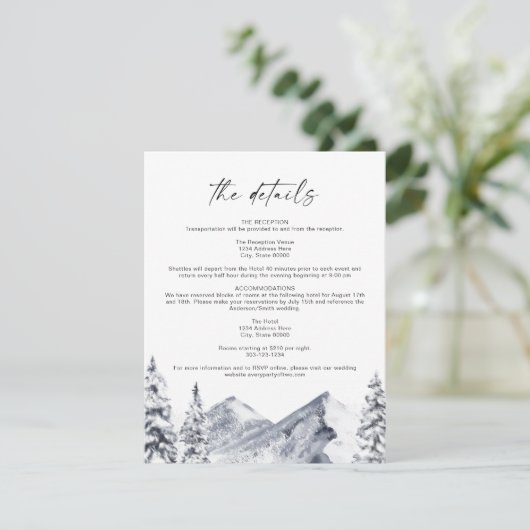 FROST Mountain Ski Winter Wedding Details Kaart (Staand voorkant)