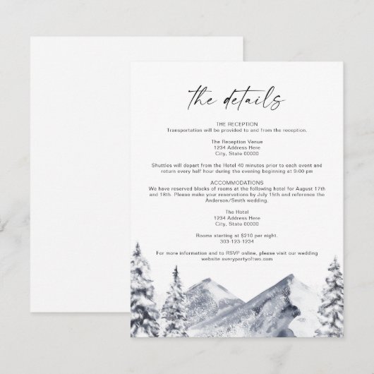 FROST Mountain Ski Winter Wedding Details Kaart (Voorkant / Achterkant)