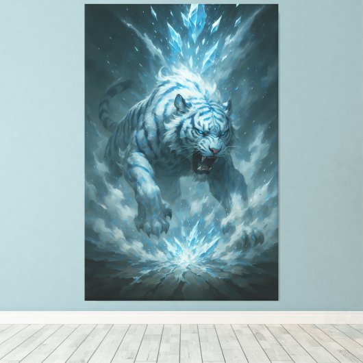 Frost White Tiger – Emperor of the Frozen Realm – Canvas Afdruk (Insitu (Houten vloer))