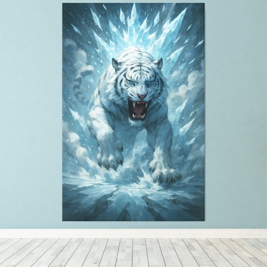 Frost White Tiger – Emperor of the Frozen Realm – Canvas Afdruk (Insitu (Houten vloer))