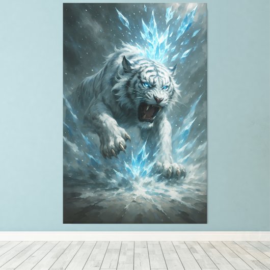 Frost White Tiger – Emperor of the Frozen Realm – Canvas Afdruk (Insitu (Houten vloer))