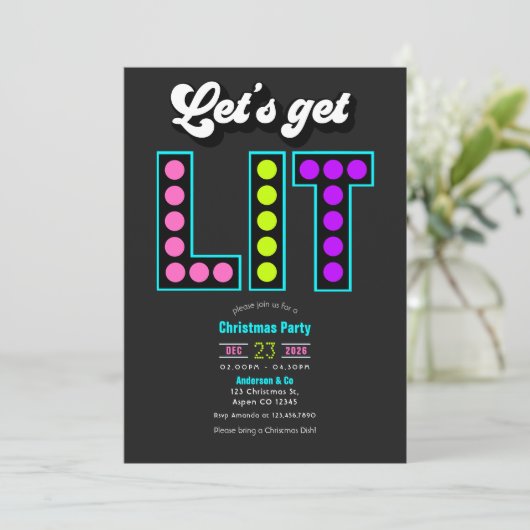 Frostbyte Lets Get Lit Retro Christmas Party Kaart (Staand voorkant)