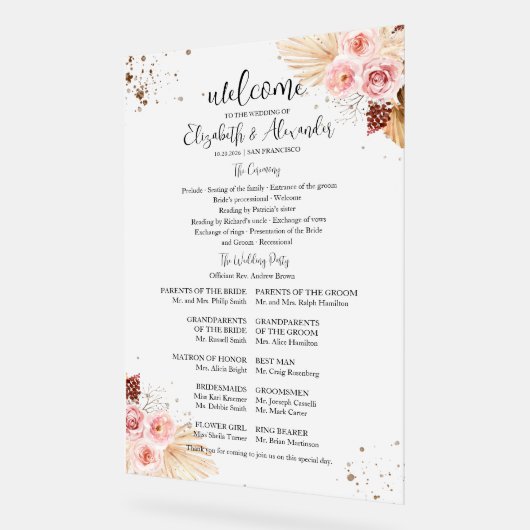 Frosted Acryl Boho Bruiloft Ceremonie Programma Te Acryl Bord (Hoek)
